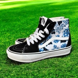 Vans Sk8-Hi Tapered Floral Blue & Black Suede Womens Size 8.5